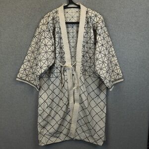 Cream and Black Patterned Cotton Robe - Women's Kimono Style